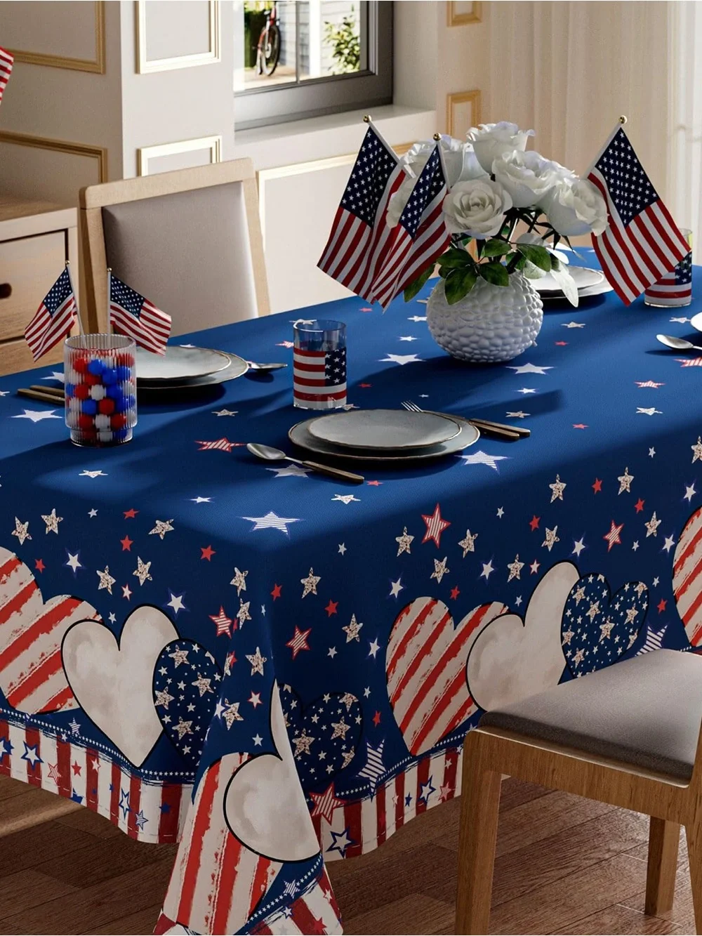 Patriotic Hearts Tablecloth - Blue